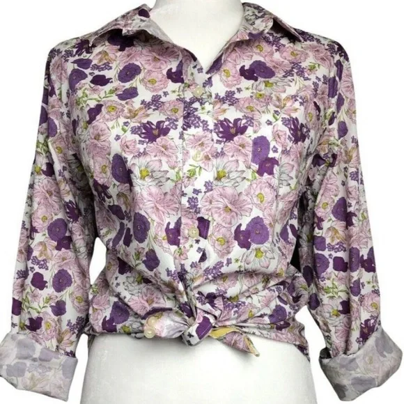 Duluth Trading Top Purple Floral Wrinkle Fighter Long Sleeve Button Shirt XXL - Picture 6 of 7
